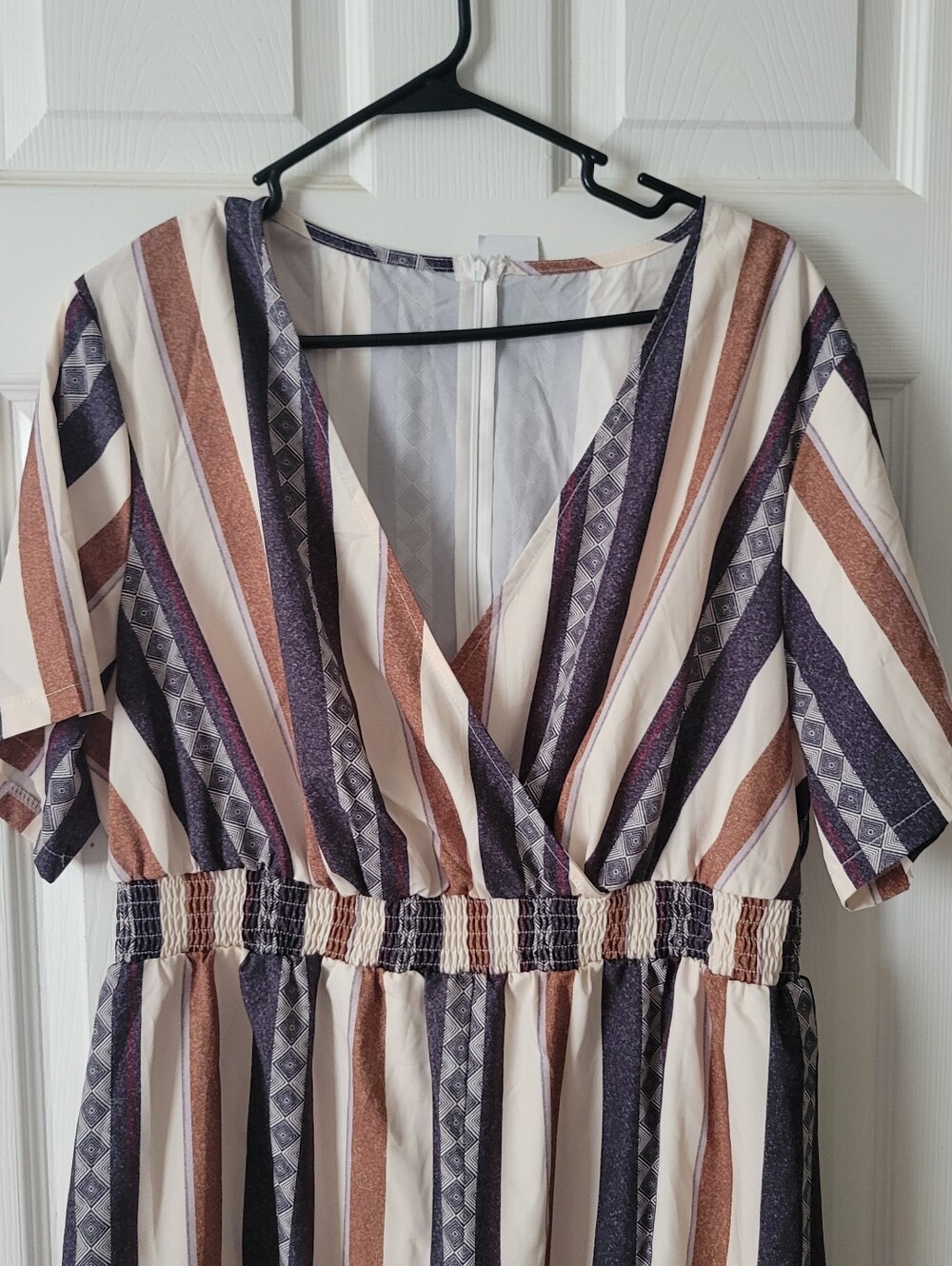 Navy Blue Cream and Tan Striped Surplice Short Sleeve Tassel Hem Romper. 2XL
